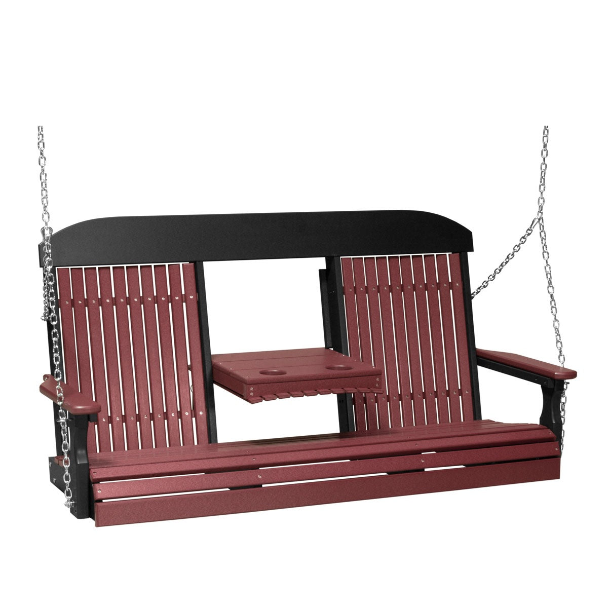 This image shows off the Cherrywood and Black colored Adirondack porch swing on a white background.