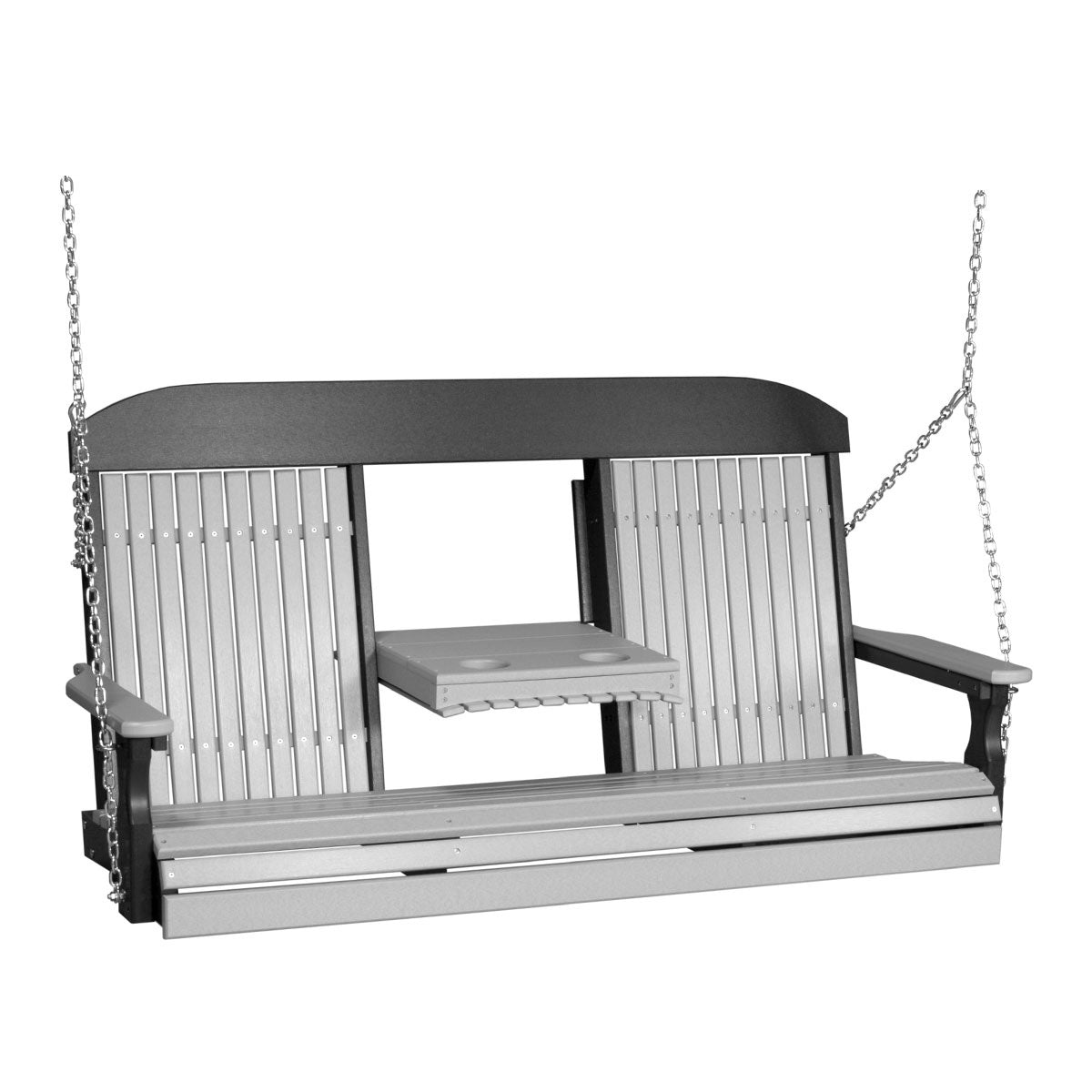 This image shows off the Dove Gray and Black colored Adirondack porch swing on a white background.