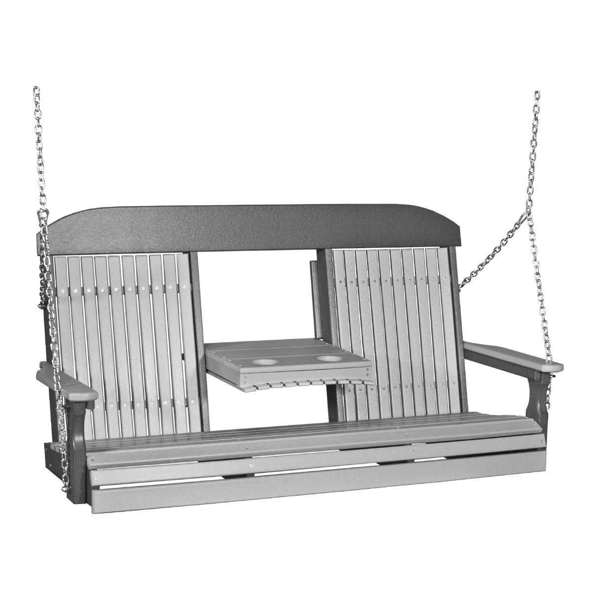 This image shows off the Dove Gray and Slate colored Adirondack porch swing on a white background.