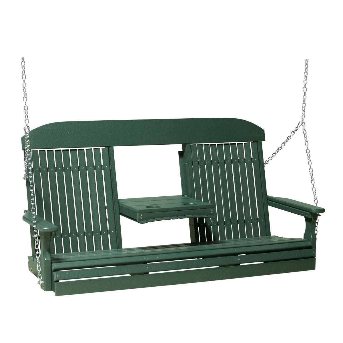 This image shows off the Green colored Adirondack porch swing on a white background.