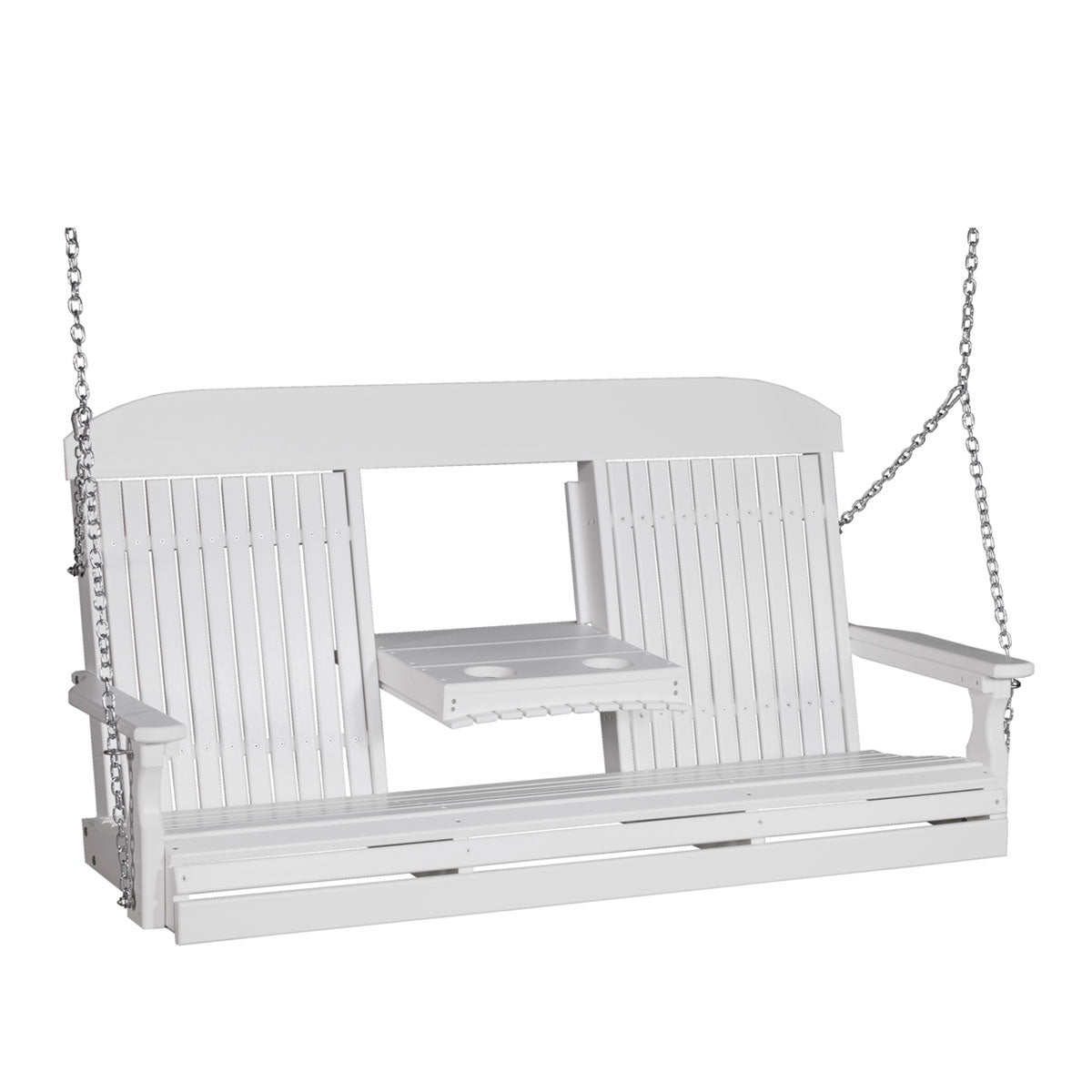 This image shows the White colored Adirondack porch swing on a white background.