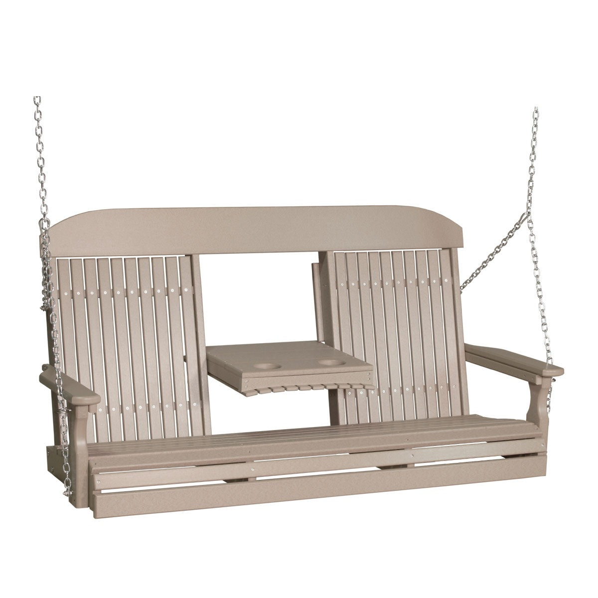 This image shows off the Weatherwood colored Adirondack porch swing on a white background.