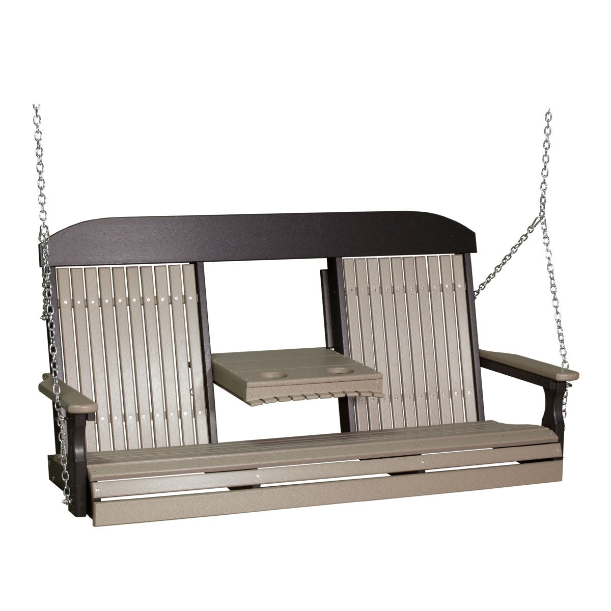 This image shows off the Weatherwood and Black colored Adirondack porch swing on a white background.
