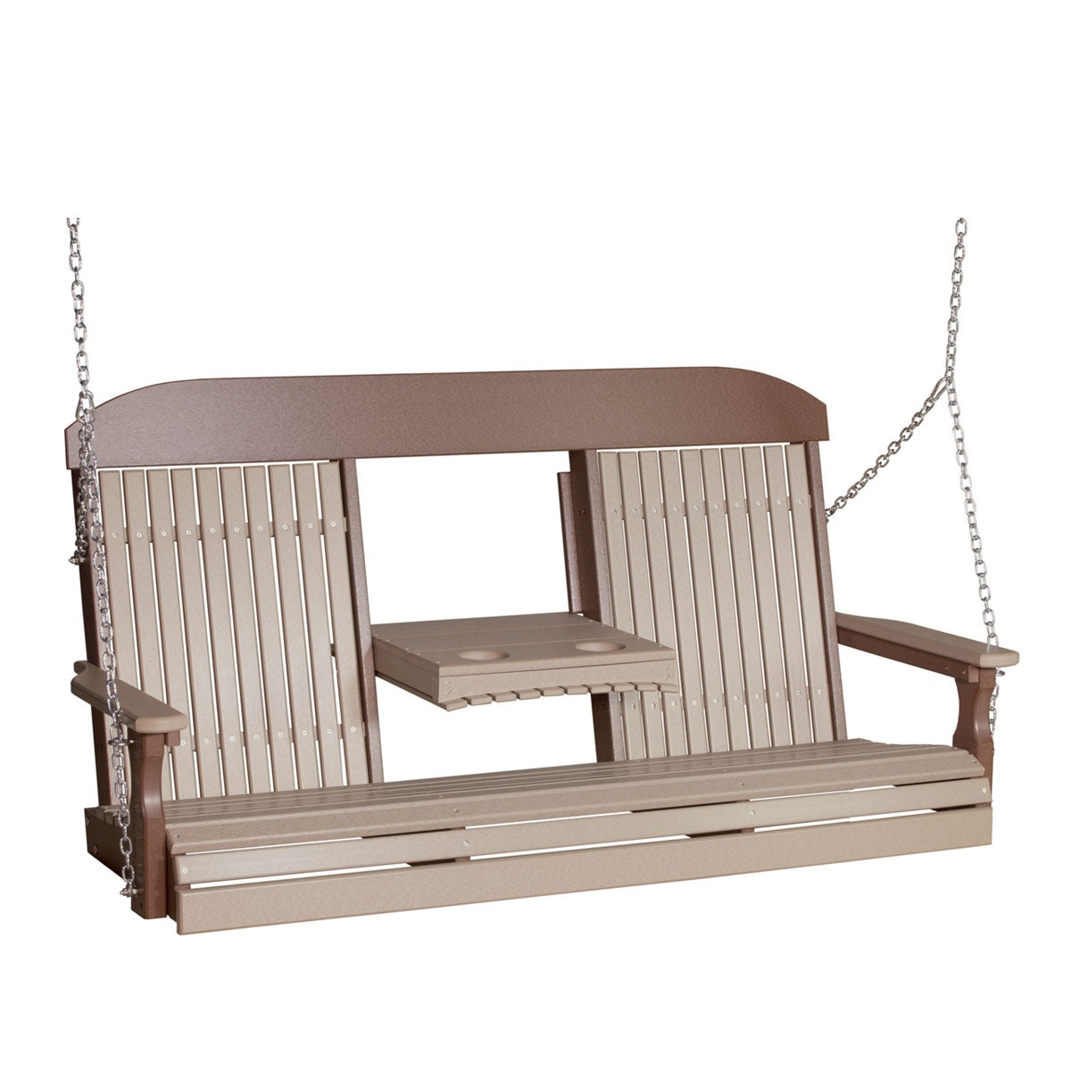 This image shows off the Weatherwood and Chestnut Brown colored Adirondack porch swing on a white background.