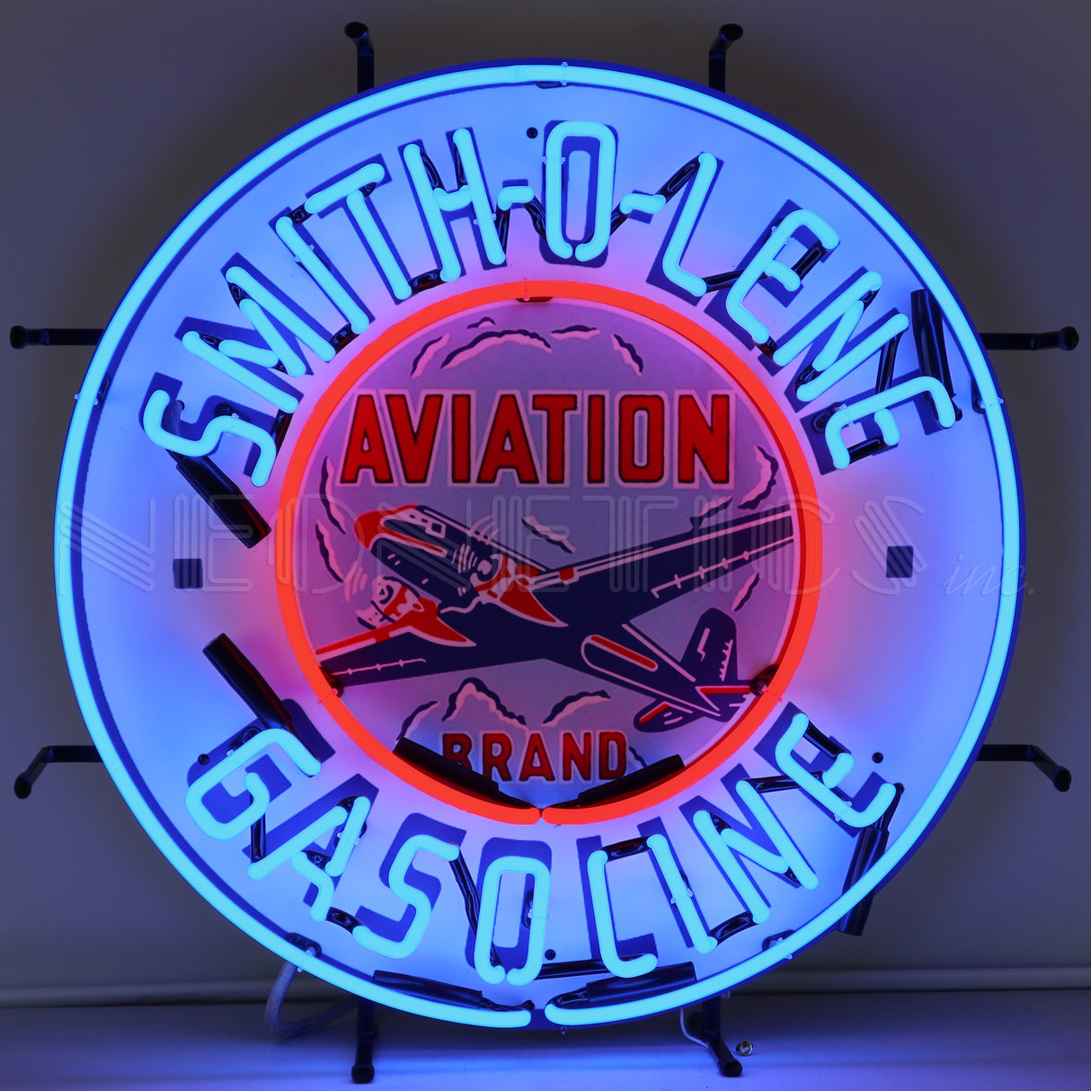 This image shows a circular neon sign from Neonetics. The outside border of the sign is blue and reads "Smith-O-Lene Gasoline." Inside the circle is a red and blue airplane with clouds around it. Inside the circle it reads "Aviation Brand."