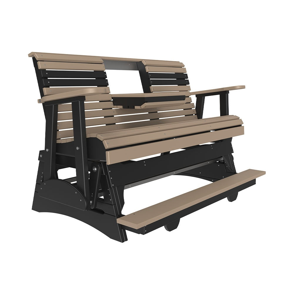 This is the Weatherwood and Black colored glider bench on a white background.