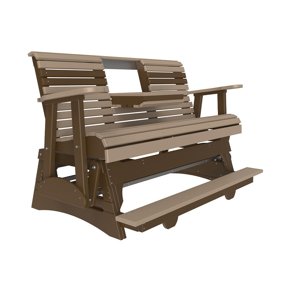 This is the Weatherwood and Chestnut Brown colored glider bench on a white background.