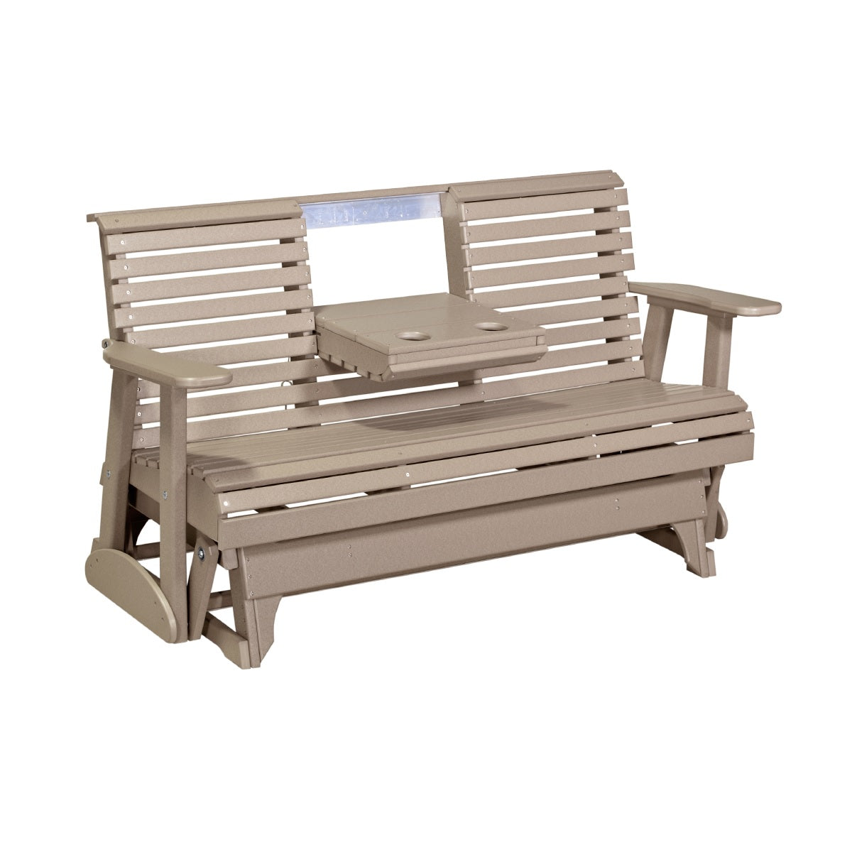 This is the Weatherwood colored glider bench on a white background.