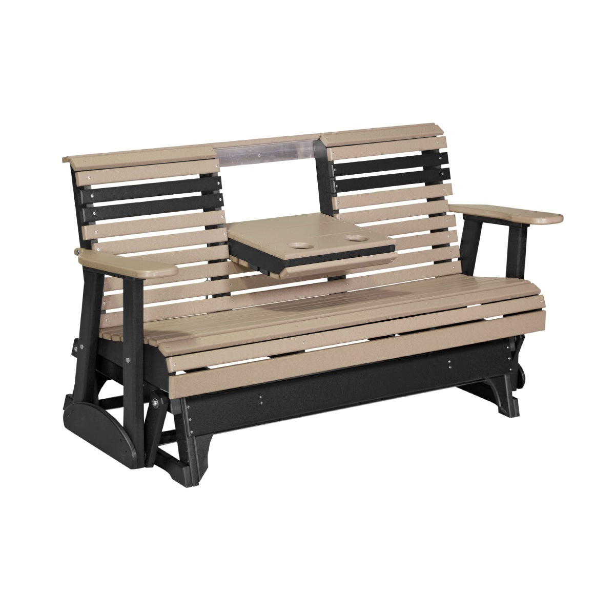 This is the Weatherwood and Black colored glider bench on a white background.