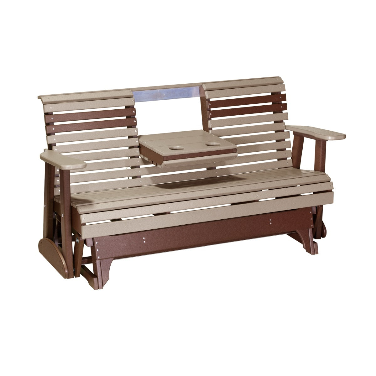 This is the Weatherwood and Chestnut Brown colored glider bench on a white background.