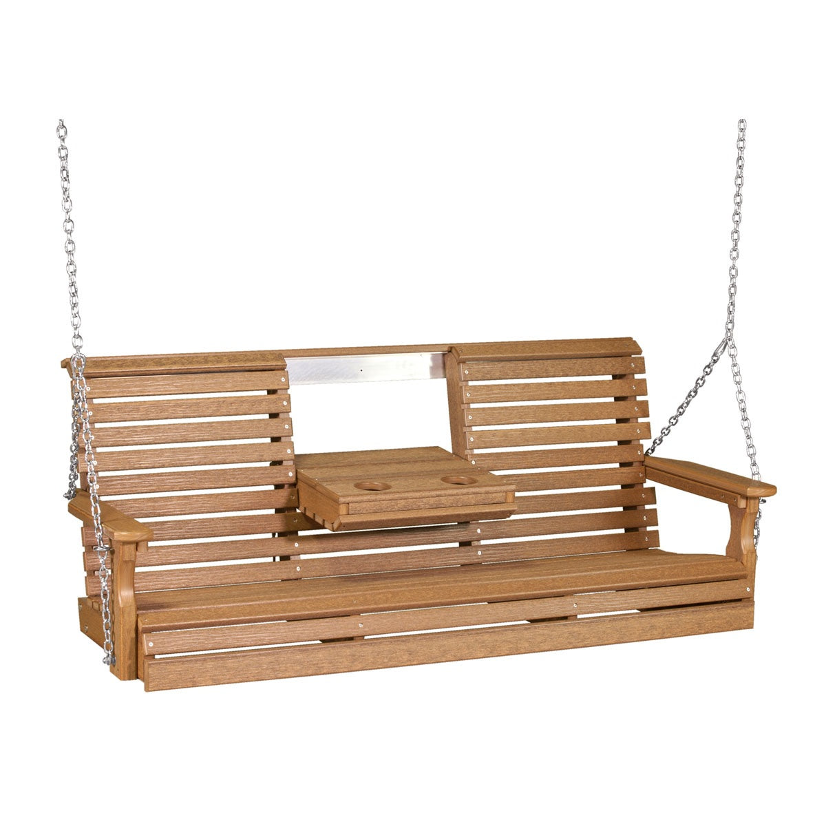 This image shows off the Antique Mahogany colored Adirondack porch swing on a white background.