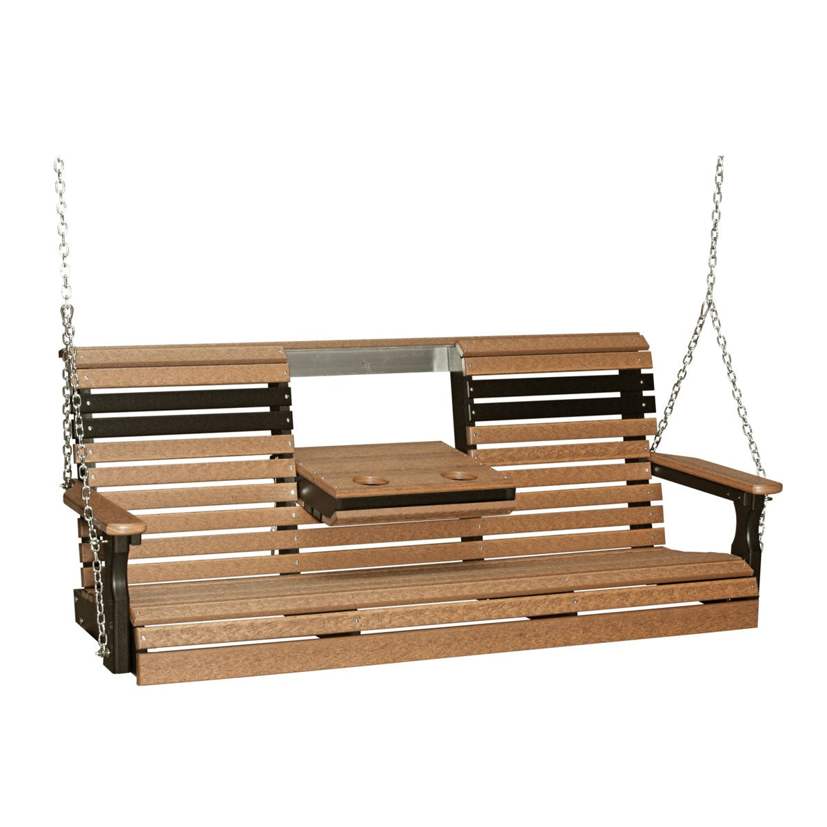 This image shows off the Antique Mahogany and Black colored Adirondack porch swing on a white background.
