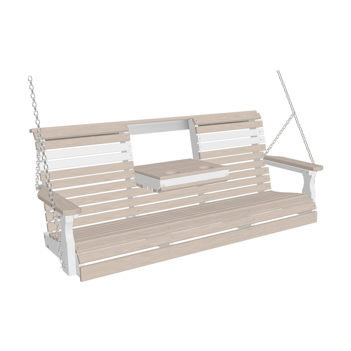 This image shows off the Birch and White colored Adirondack porch swing on a white background.