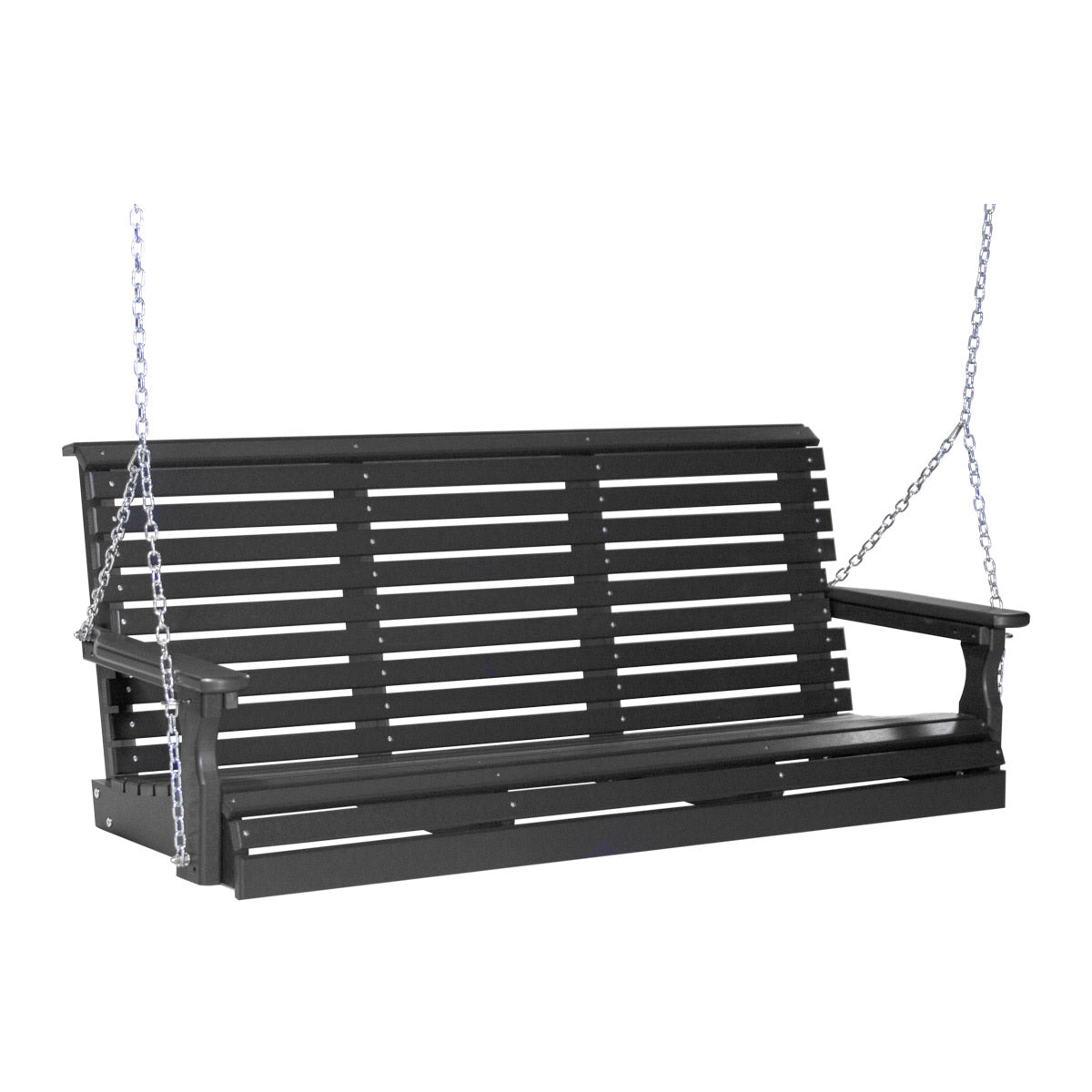 This image shows off the Black colored Adirondack porch swing on a white background.