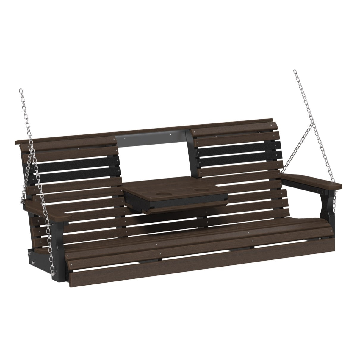 This image shows off the Brazilian Walnut and Black colored Adirondack porch swing on a white background.