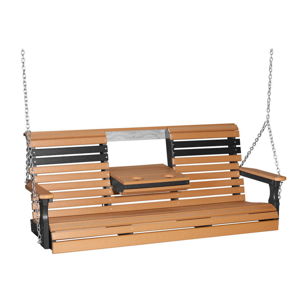 This image shows off the Cedar and Black colored Adirondack porch swing on a white background.