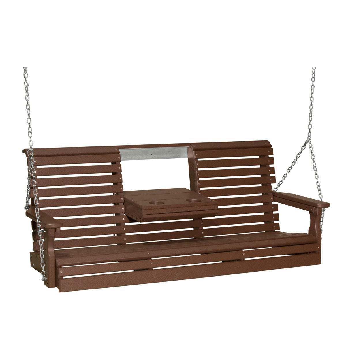 This image shows off the Chestnut Brown colored Adirondack porch swing on a white background.