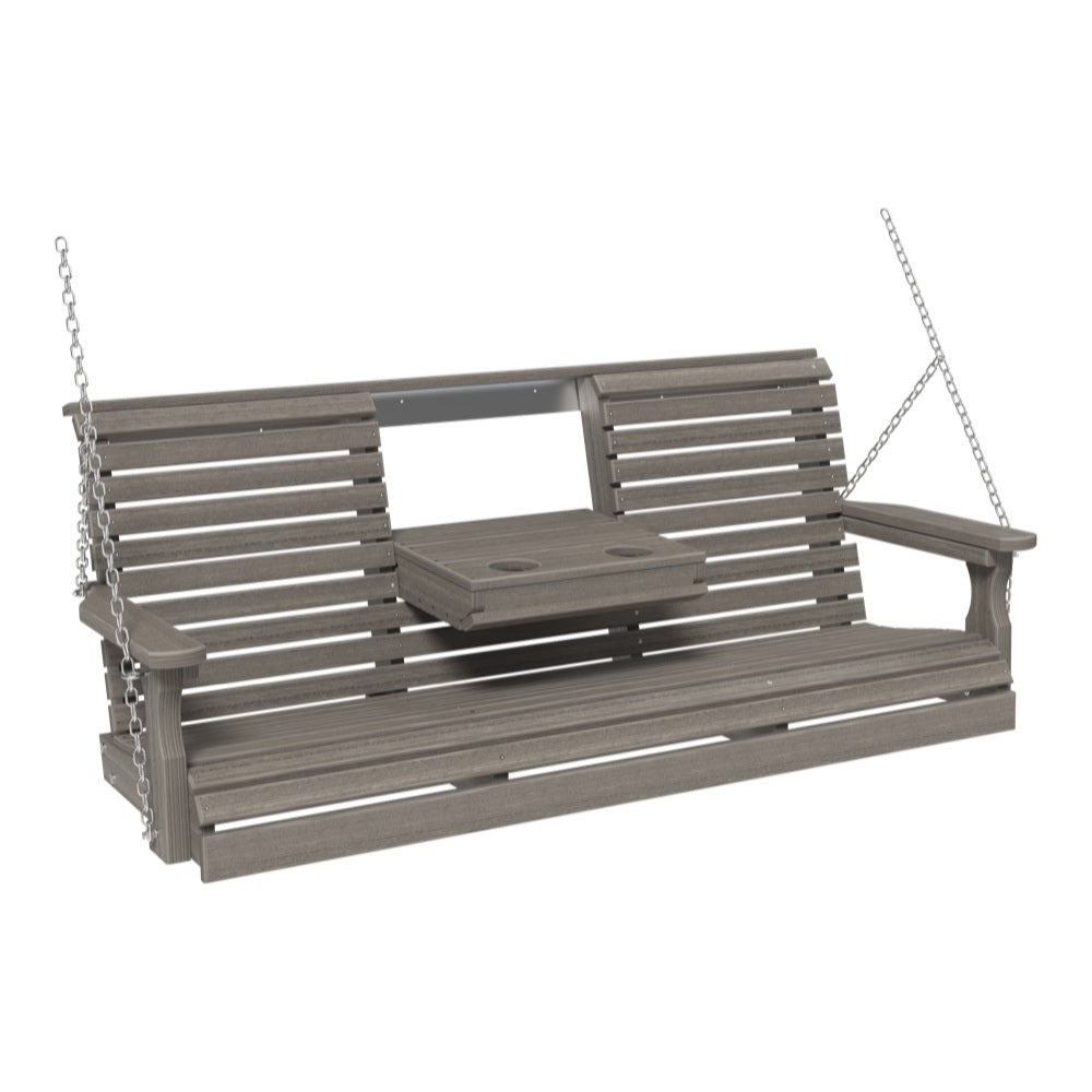 This image shows off the Coastal Gray colored Adirondack porch swing on a white background.