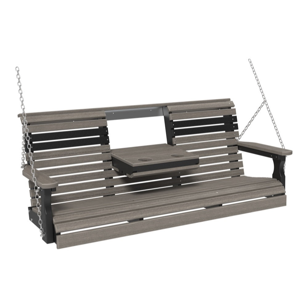 This image shows off the Coastal Gray and Black colored Adirondack porch swing on a white background.