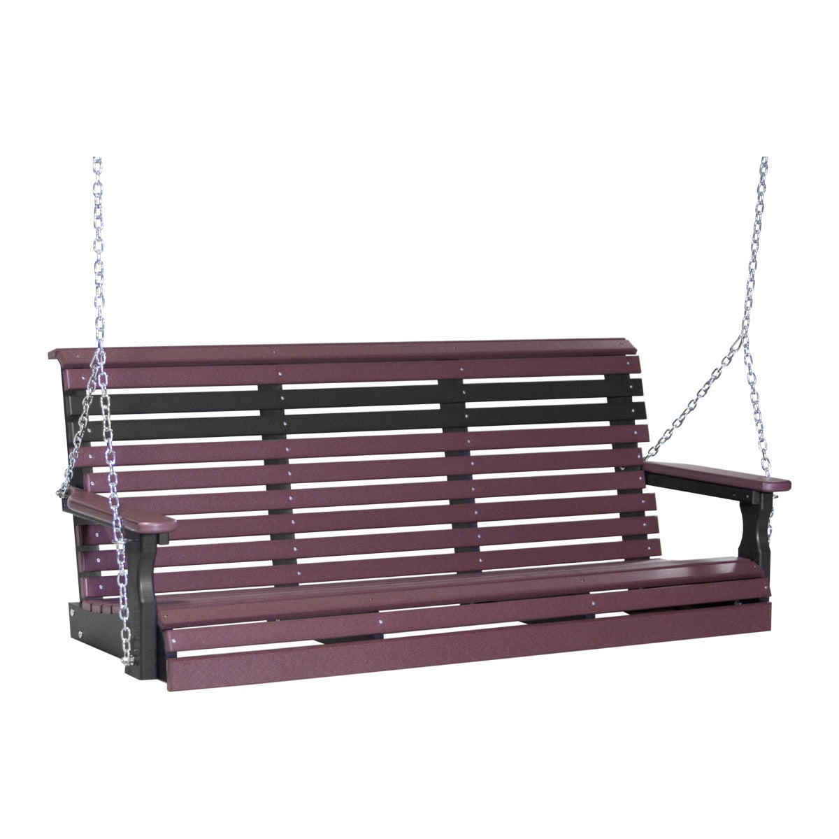 This image shows off the Cherrywood and Black colored Adirondack porch swing on a white background.