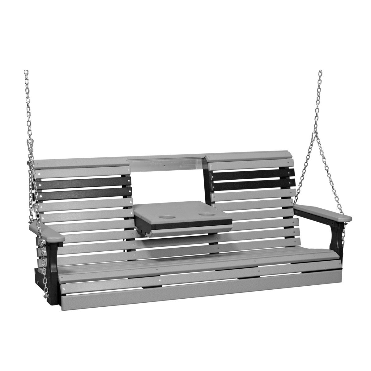 This image shows off the Dove Gray and Black colored Adirondack porch swing on a white background.