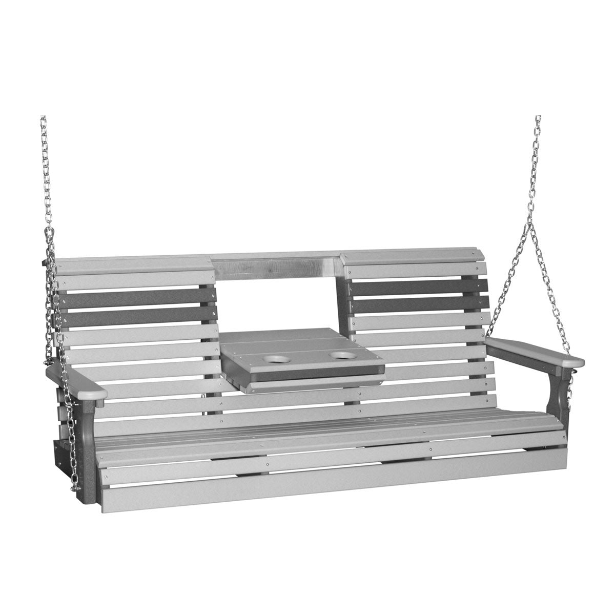 This image shows off the Dove Gray and Slate colored Adirondack porch swing on a white background.