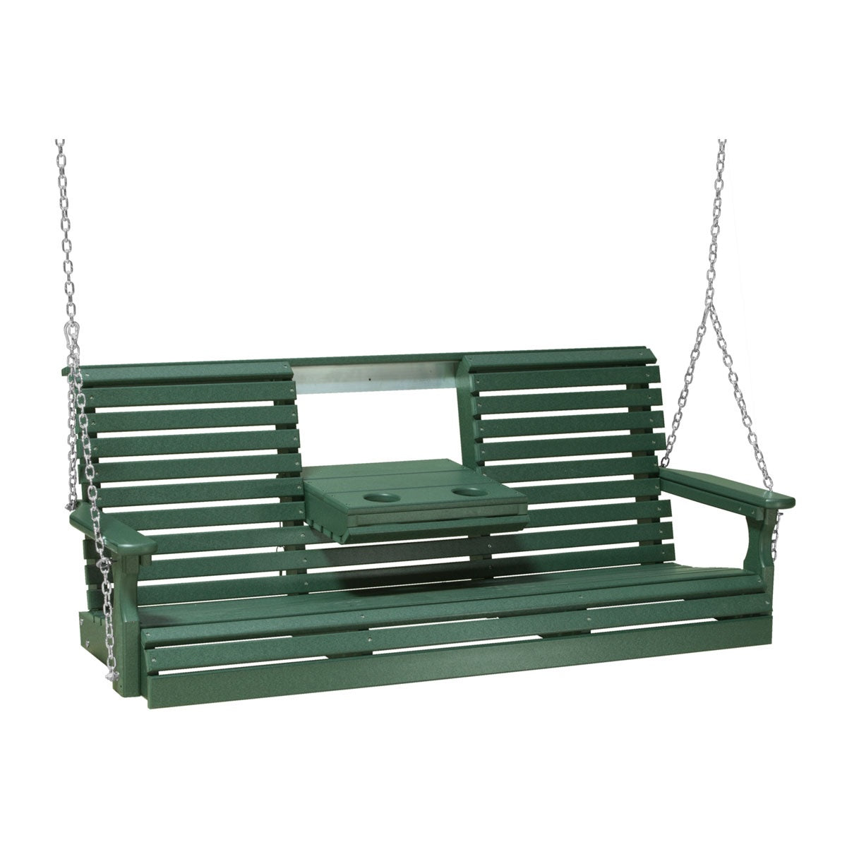 This image shows off the Green colored Adirondack porch swing on a white background.
