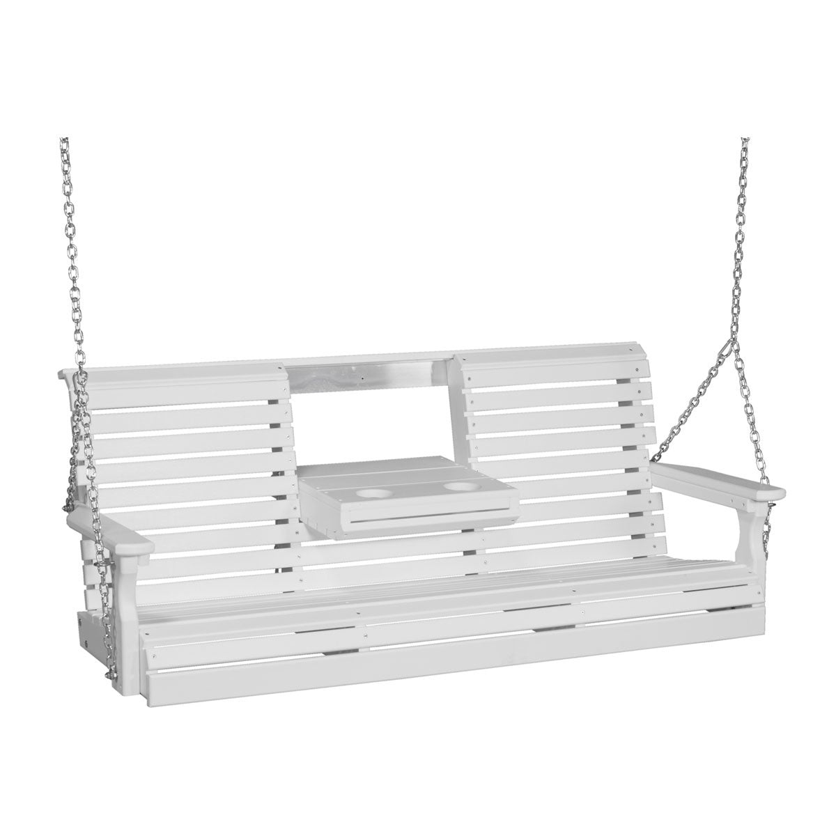 This image shows the White colored Adirondack porch swing on a white background.