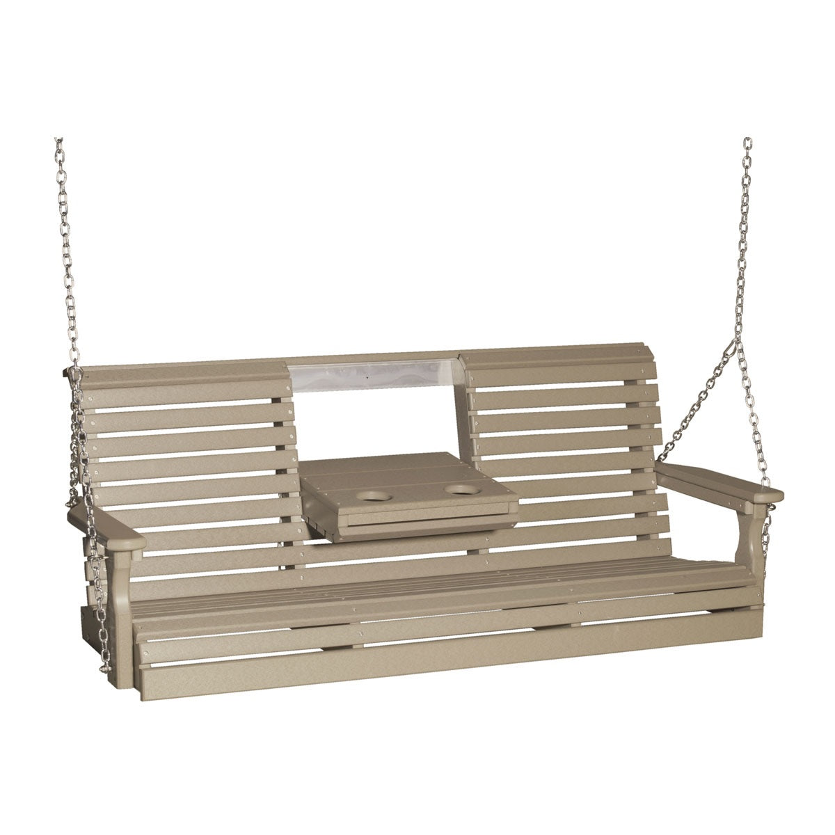 This image shows off the Weatherwood colored Adirondack porch swing on a white background.