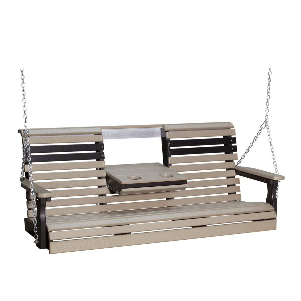 This image shows off the Weatherwood and Black colored Adirondack porch swing on a white background.