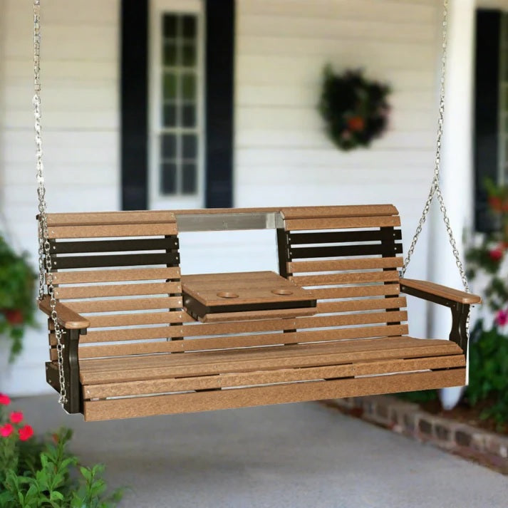 This is a lifestyle image showing the Cedar and Black colored porch swing with the center console down.