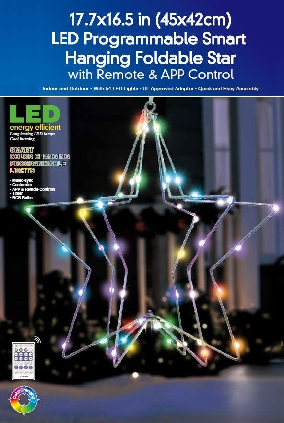 Hanging decoration shaped like a snowflake with a foldable design. Pre-lit with LED lights that can be controlled by an app.