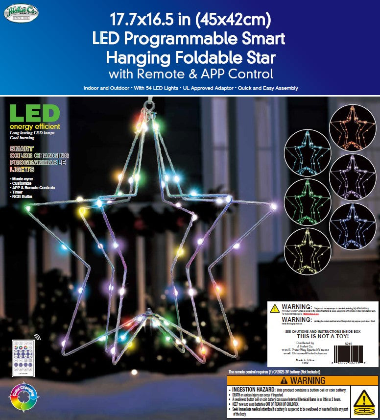 Hanging decoration shaped like a snowflake with a foldable design. Pre-lit with LED lights that can be controlled by an app.