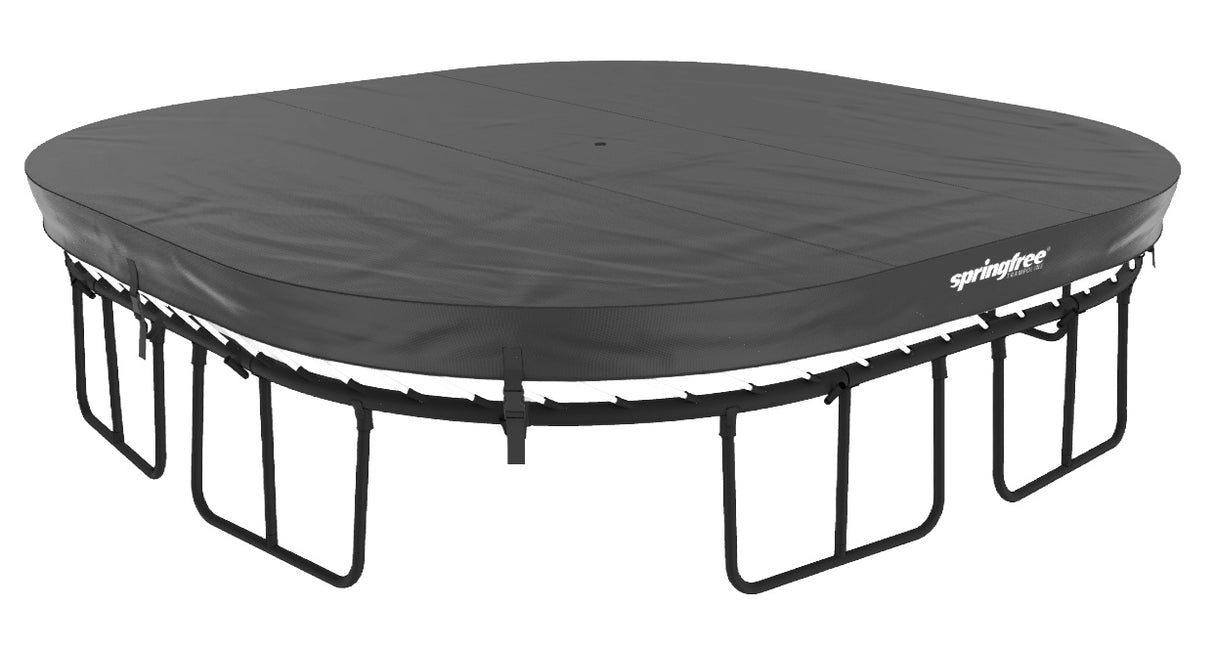 This image shows the trampoline cover on the jumbo square trampoline from Springfree.