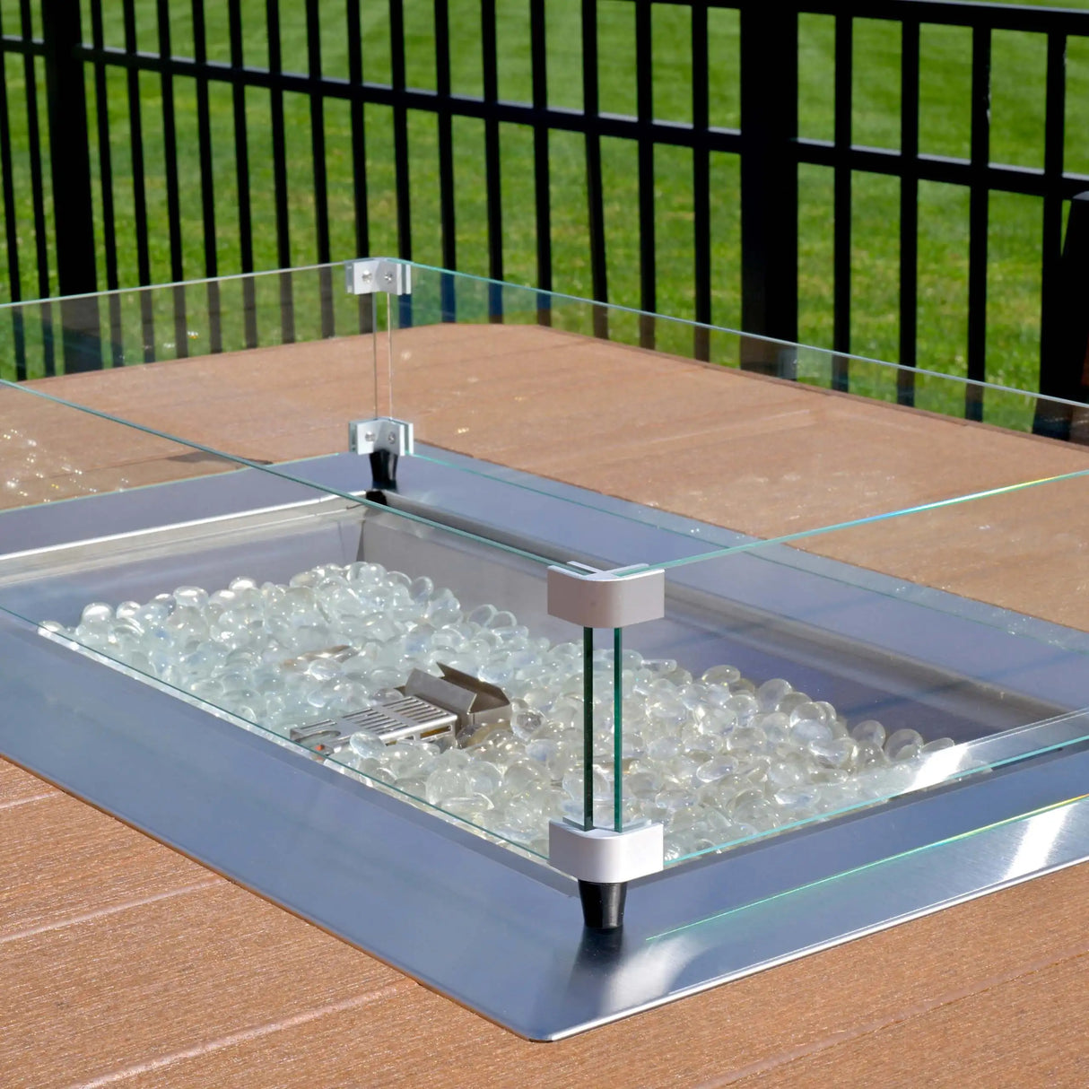 This is an up close view of the tempered fire glass gems inside the fire pit table.