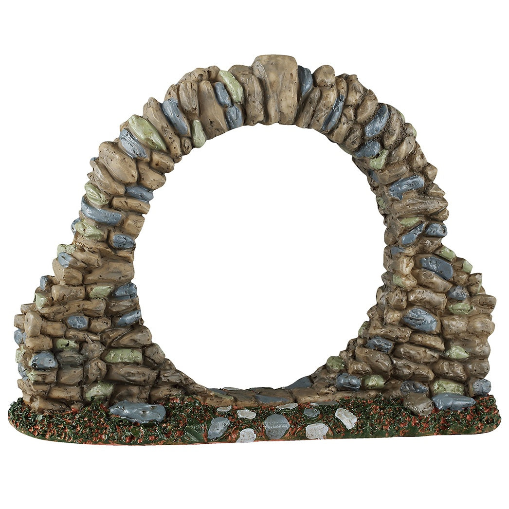This image shows what this Lemax Spooky Town accessory looks like on a white background. It's designed to look like a circle (gateway) made of stones on a grassy patch.