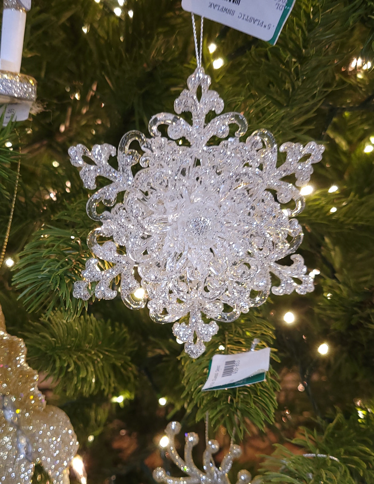 Ornaments shaped like snowflakes.