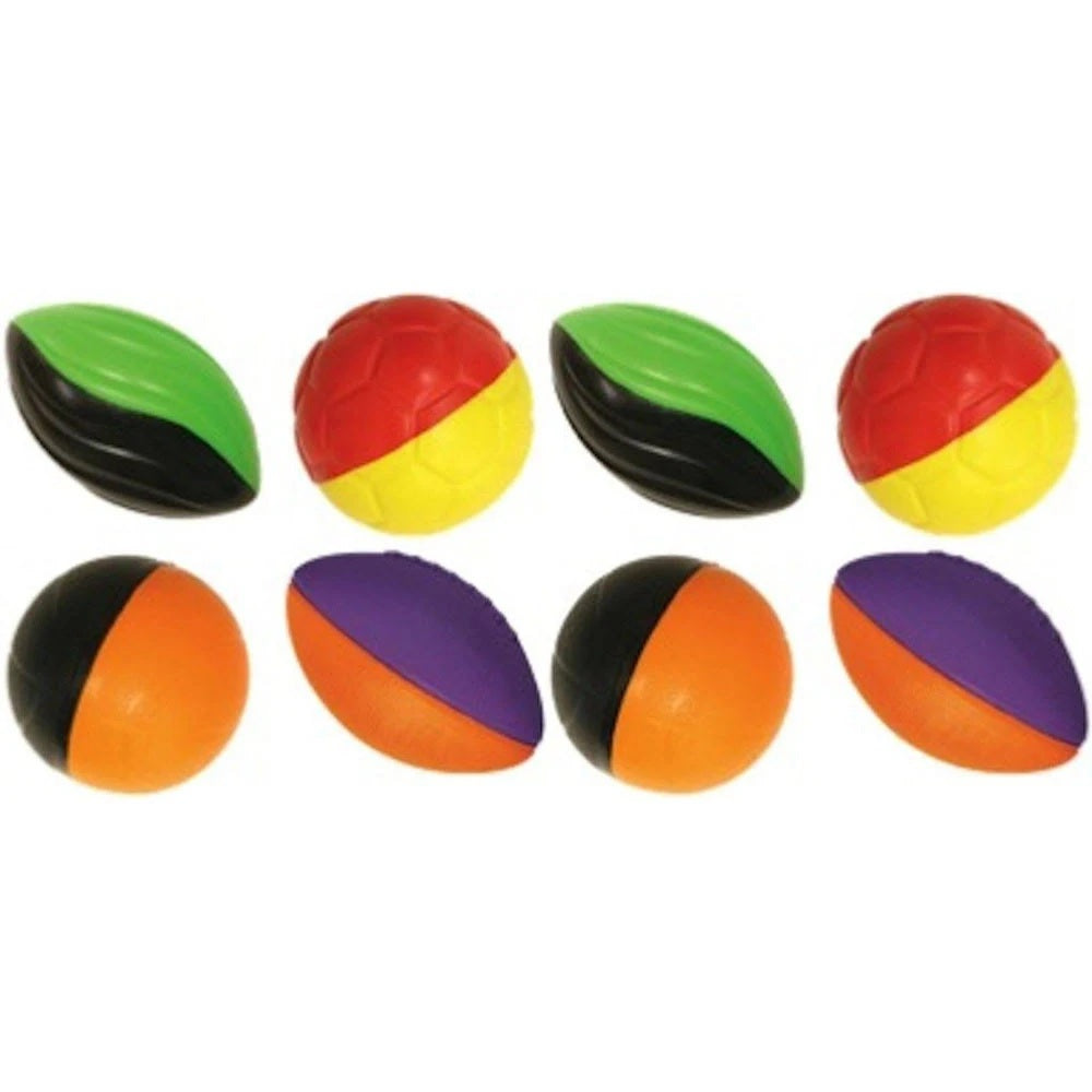 This picture shows an up close view of the four different ball color options. One is shaped like a football and is lime green and black. One is round and is red and yellow. One is shaped like a football and is orange and purple. One is round and is black and orange.