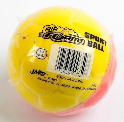 This picture shows the round plastic packaging. It says Air Foam Sport Ball. Designed for all ages. Copyright 2011 Ja-Ru Inc. Part number 350. Ja-Ru is in Jacksonville, Florida 32207. This was made in China.