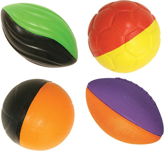 This picture shows an up close view of the four different ball color options. One is shaped like a football and is lime green and black. One is round and is red and yellow. One is shaped like a football and is orange and purple. One is round and is black and orange.