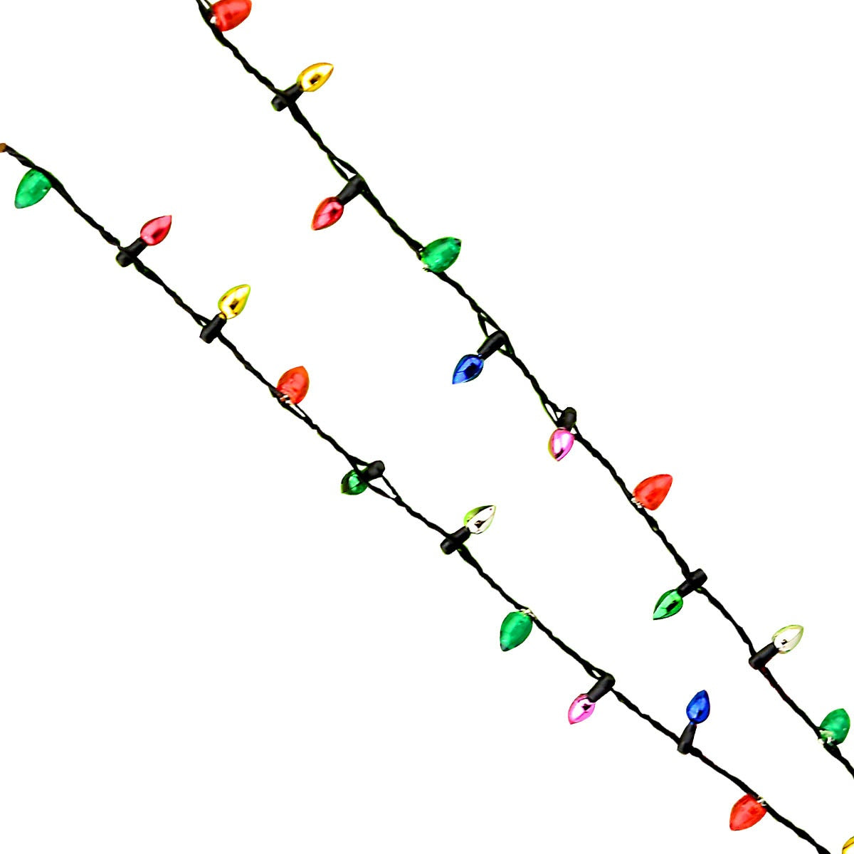 This image shows the necklace on a white background. The necklace is designed to look like a string of multi-colored light bulbs.