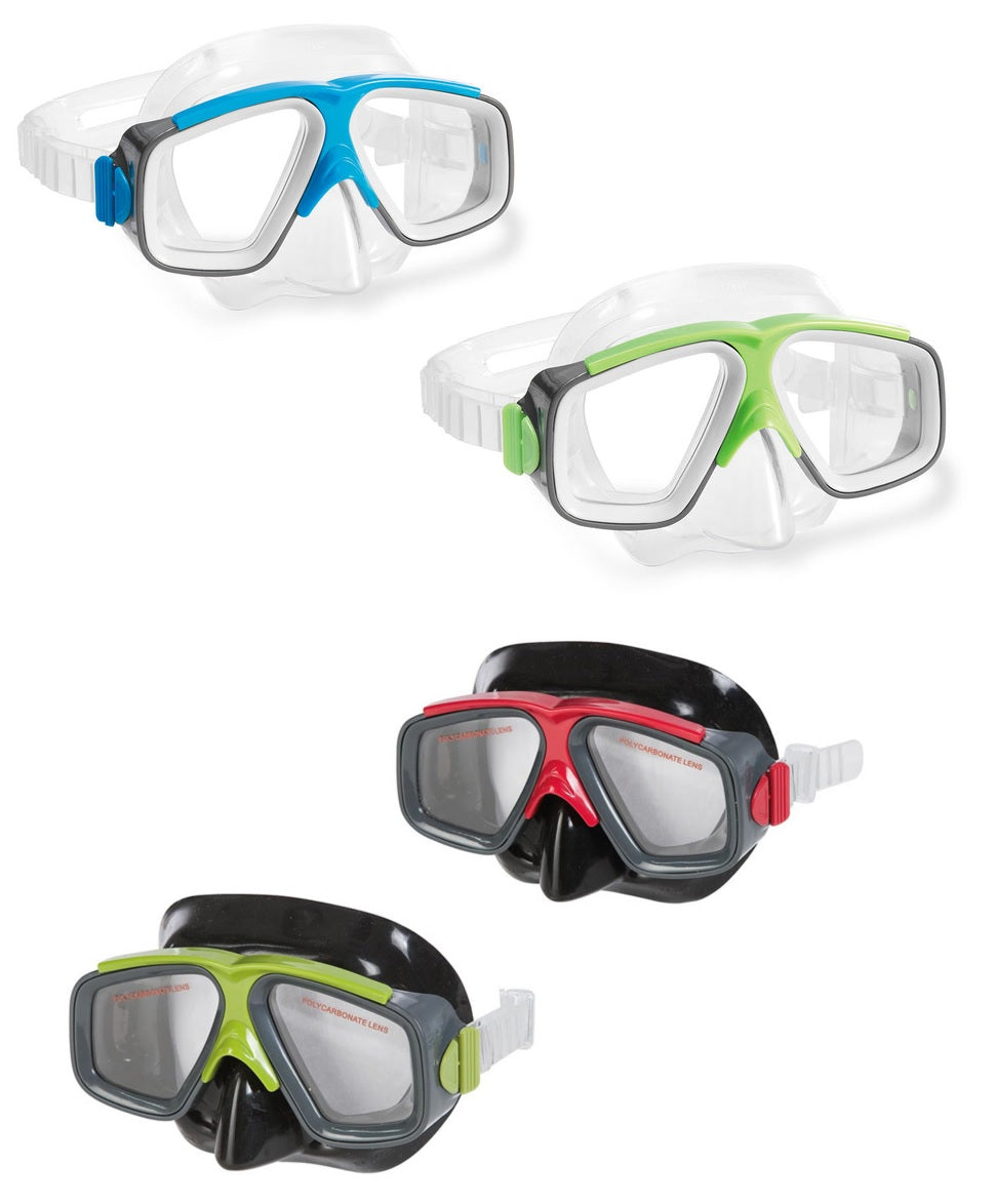 Thermoplastic swim mask. One mask is light blue and clear. One mask is lime green and clear. One mask is red, black and gray. One mask is lime green, black and gray.