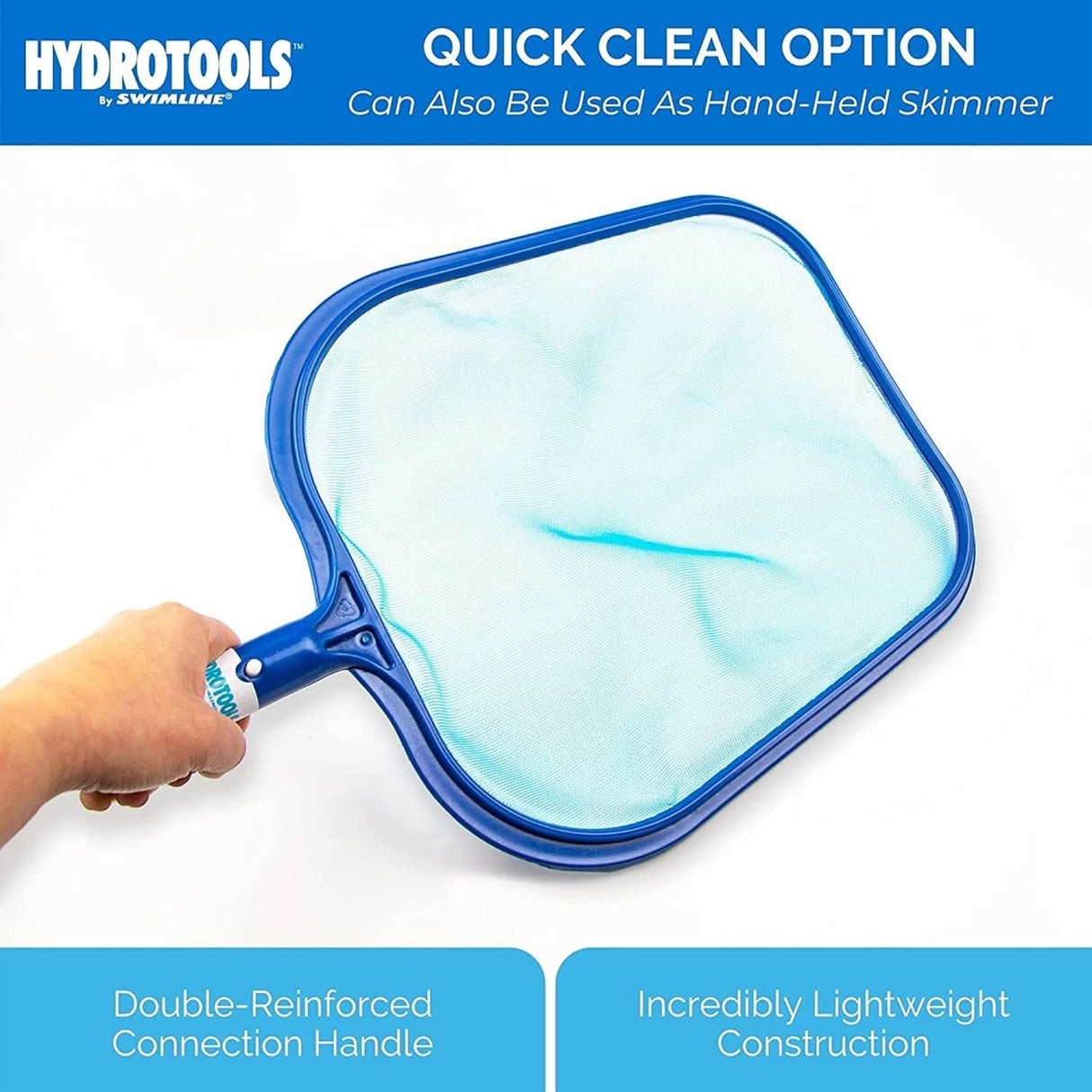 This item has a quick clean option that can also be used as a hand-held skimmer. It features a double-reinforced connection handle and has an incredibly lightweight construction.