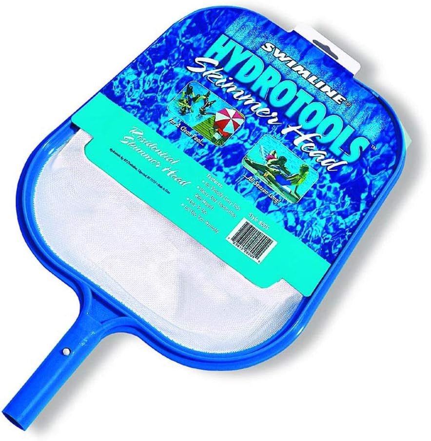Pool skimmer head. Blue handle, blue border and white mesh net. Skimmer pole is not included.