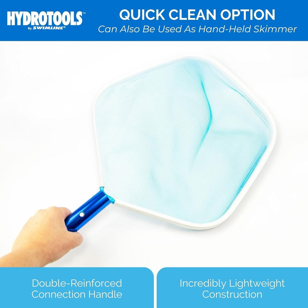 This item has a quick clean option that can also be used as a hand-held skimmer. It features a double-reinforced connection handle and has an incredibly lightweight construction.