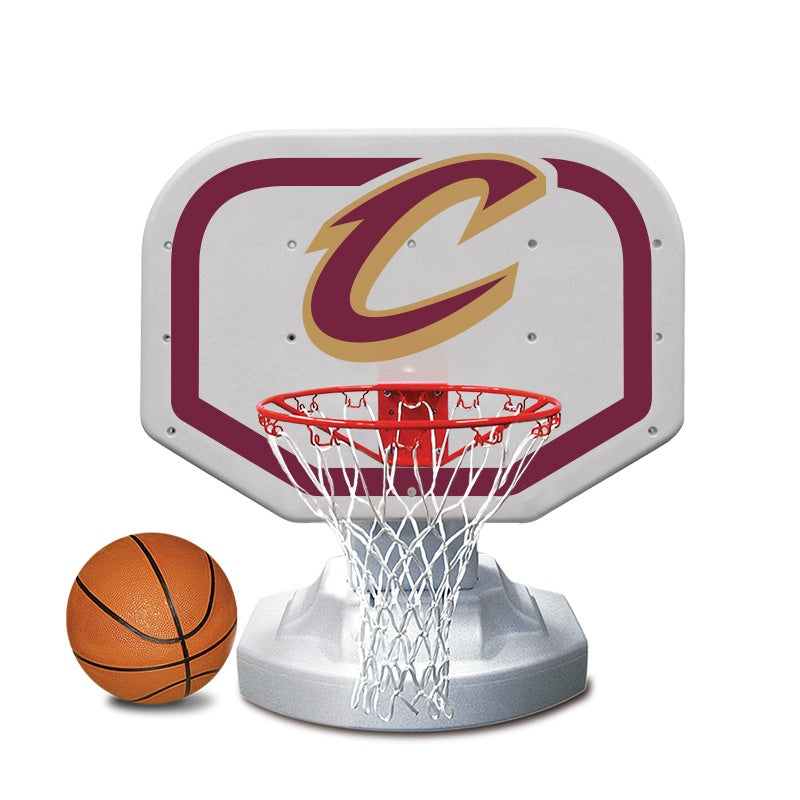 This is image shows the Cleveland Cavaliers themed basketball hoop on a white background.