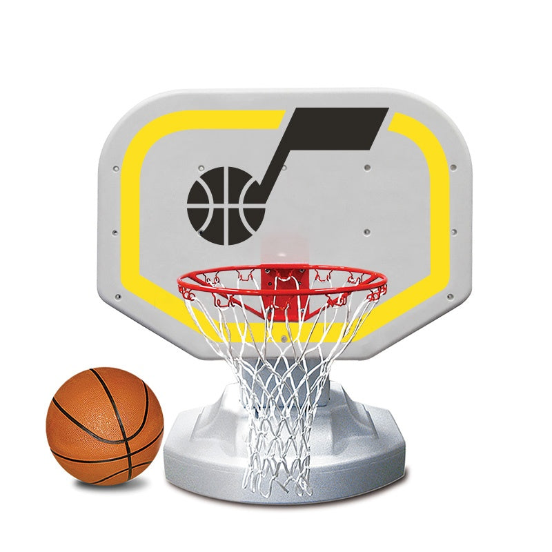 This image shows the basketball hoop on a white background. The hoop features the logo for the Utah Jazz.