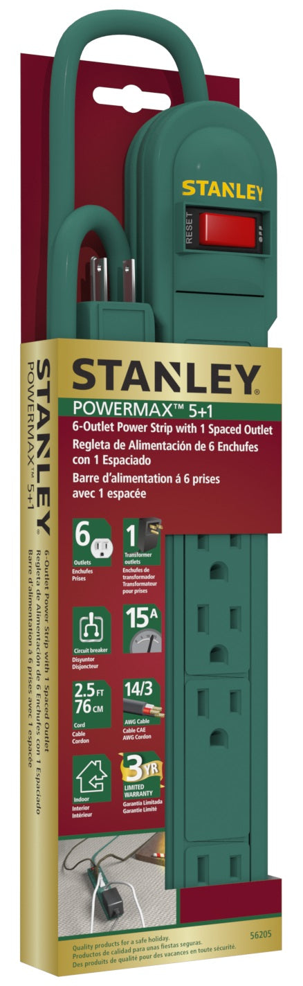 Stanley PowerMax 5 + 1 Green Safety Power Strip