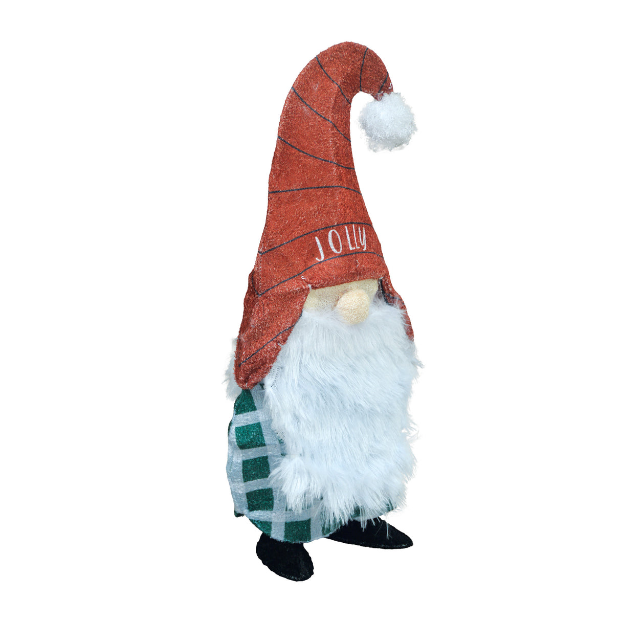 This image shows the gnome decoration with the lights turned on and turned slightly to the side so you can see the side of the gnome.