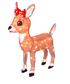 This image shows the Clarice reindeer sculpture on a white background. She's wearing a red and white polka dot bow on her head.